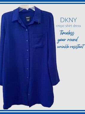 DKNY Long-Sleeve, Royal Blue Crepe Shirt Dress NWT
